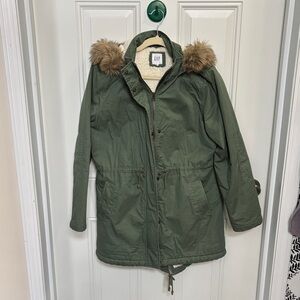 GAP Olive Parka with Faux Fur Trim